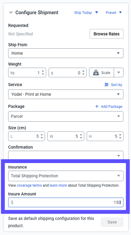 Configure shipment widget, the Insure Amt. field is outlined