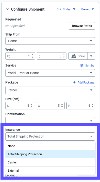 Configure Shipment Widget, highlights around Insurance drop-down with options revealed