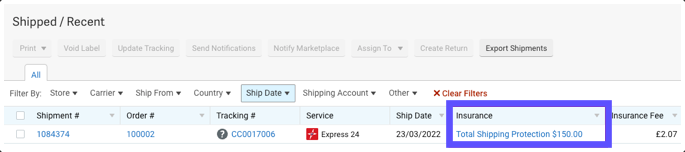 Shipped grid highlighting insurance column with Xcover coverage