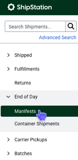 Shipments tab side navigation with the End of Day section open and Manifests highlighted