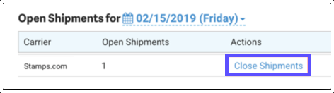 Open Shipment menu with Close shipments link highlighted.