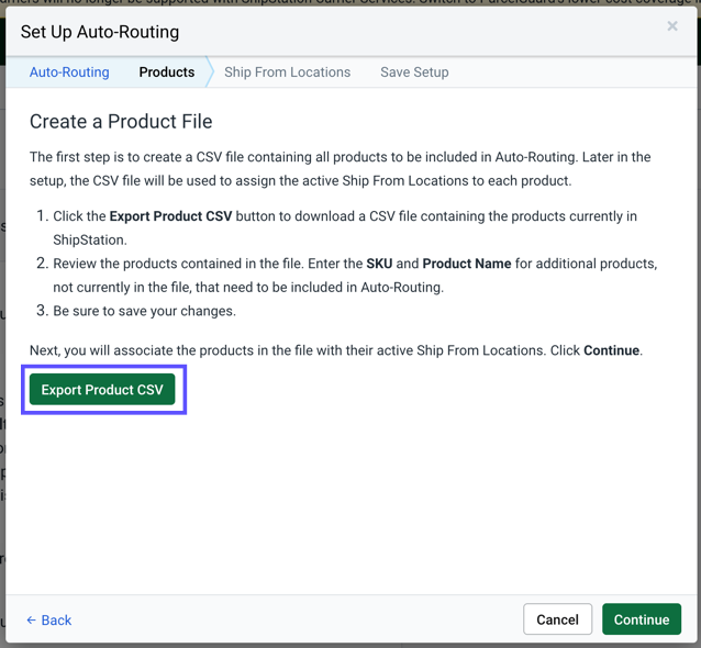 The export product CSV button is highlighted on the Create a Product File screen.