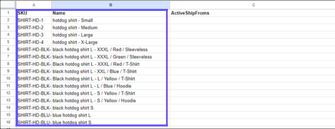 A sample product CSV file is shown with the SKU and Name columns highlighted.