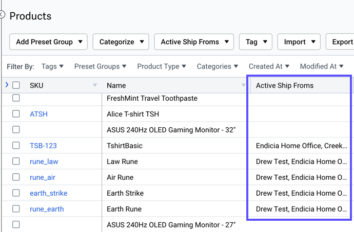 Products are listed on the Products page and the active ship froms column is highlighted.