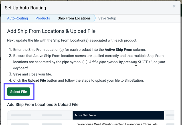 The select file button is highlighted in the auto-routing setup wizard.