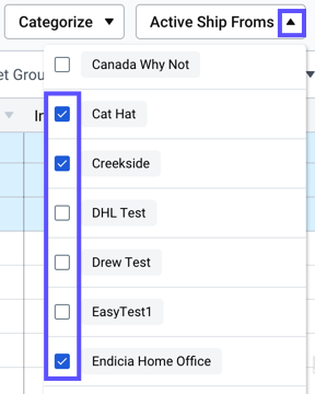 Products grid. Shows the Active-Ship-Froms drop-down menu with Ship from locations selected.