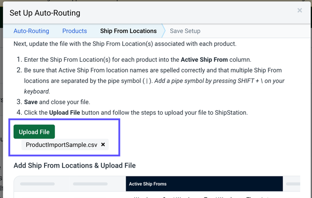 The selected CSV file and the upload file button is highlighted in the auto-routing setup wizard.
