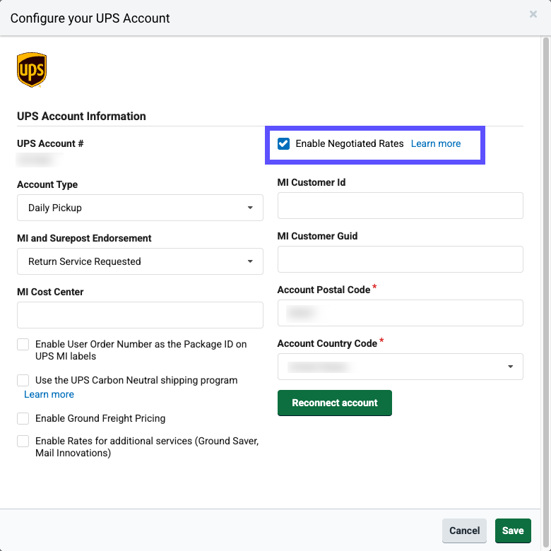 Configure UPS Account popup. Box on Enable Negotiated Rates checkbox