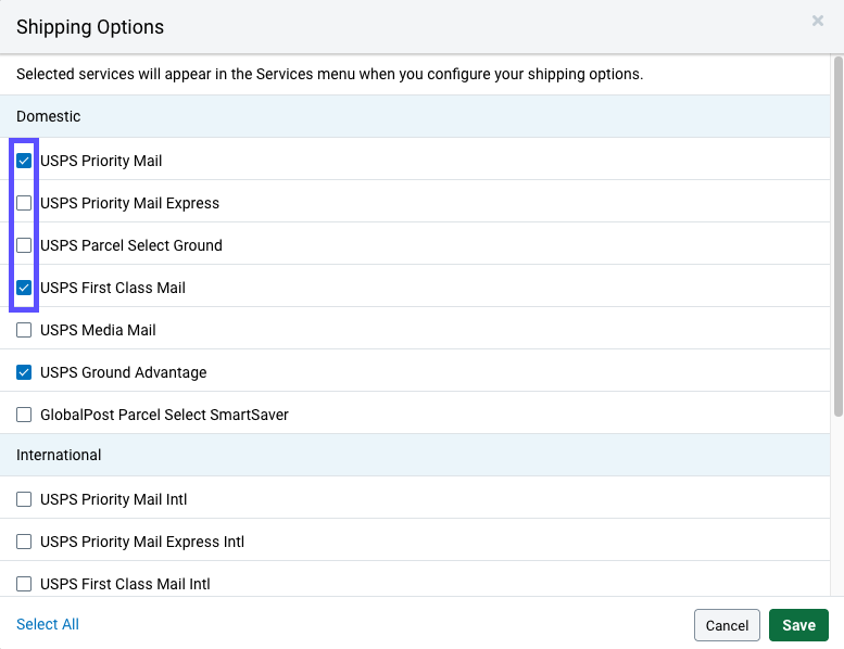 Shipping Options popup. Box highlights some Checkbox options to select or deselect.