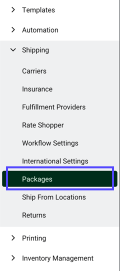 Settings sidebar with Shipping section open and Packages section highlighted.
