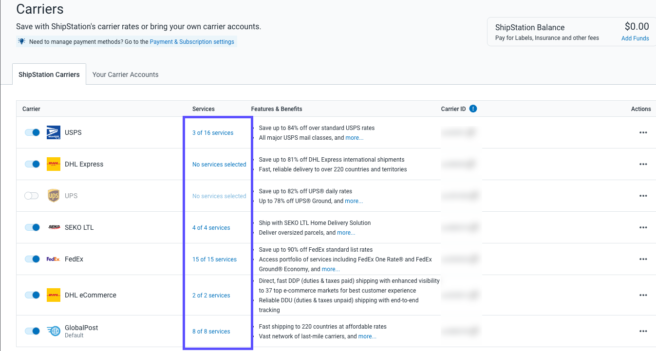 ShipStation Carriers settings with Services column highlighted