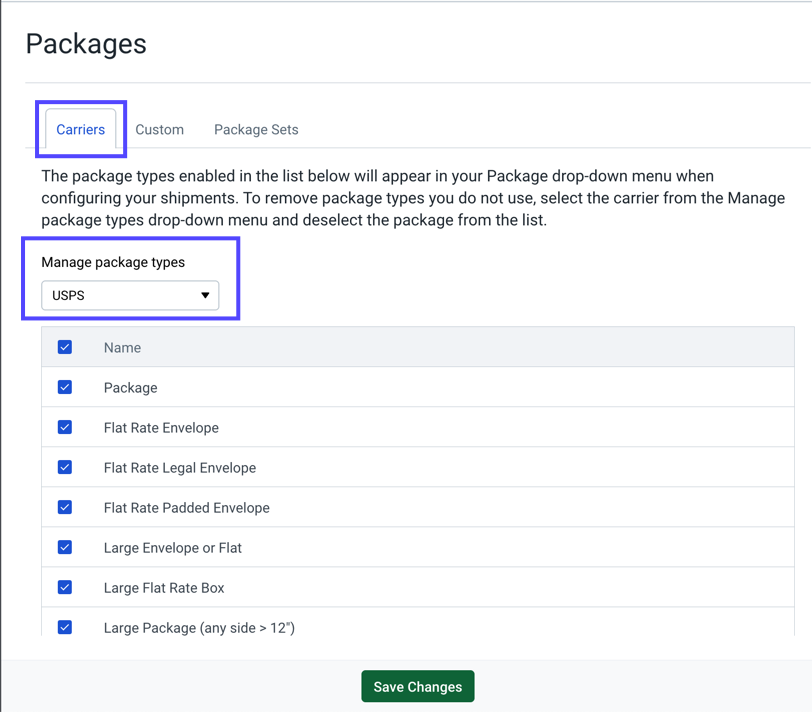 Packages settings options. Red box highlights Manage package types for dropdown.