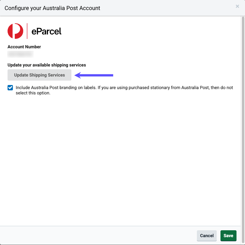 Australia Post Settings popup. Arrow points to Update Shipping Services button.