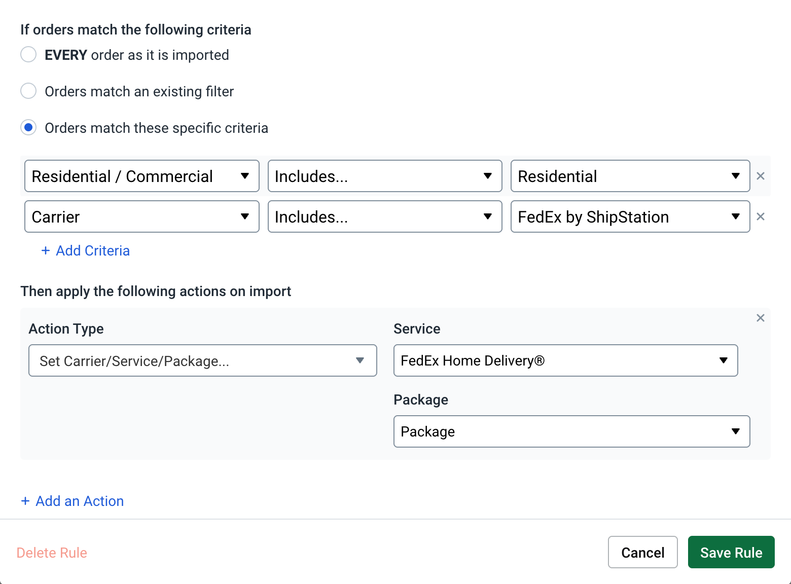 2 Criteria: 1. Residential/Commercial = Residential. 2. Carrier = FedEx.