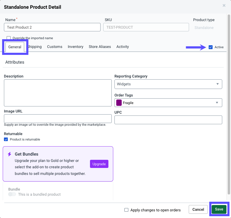 Product details general tab with arrow pointing to Active checkbox.