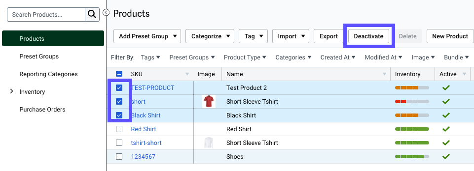 V3 Products selected in the product grid and Deactivate button highlighted.
