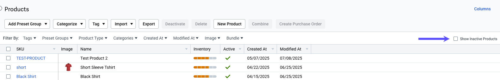 Product grid with arrow pointing to Show Inactive Products checkbox.