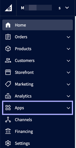 BigCommerce settings menu open with arrow pointing to Apps option.