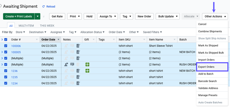 Other Actions dropdown menu. Box highlights Export Orders option