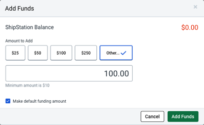 Add Funds popup. ShipStation Balance shown as 0 dollars.