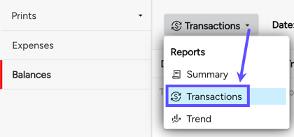 The Transactions option is shown under the Reports menu.