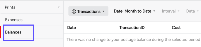 STAMPS Account. ­Shows side navigation with Reports > ­Balances marked