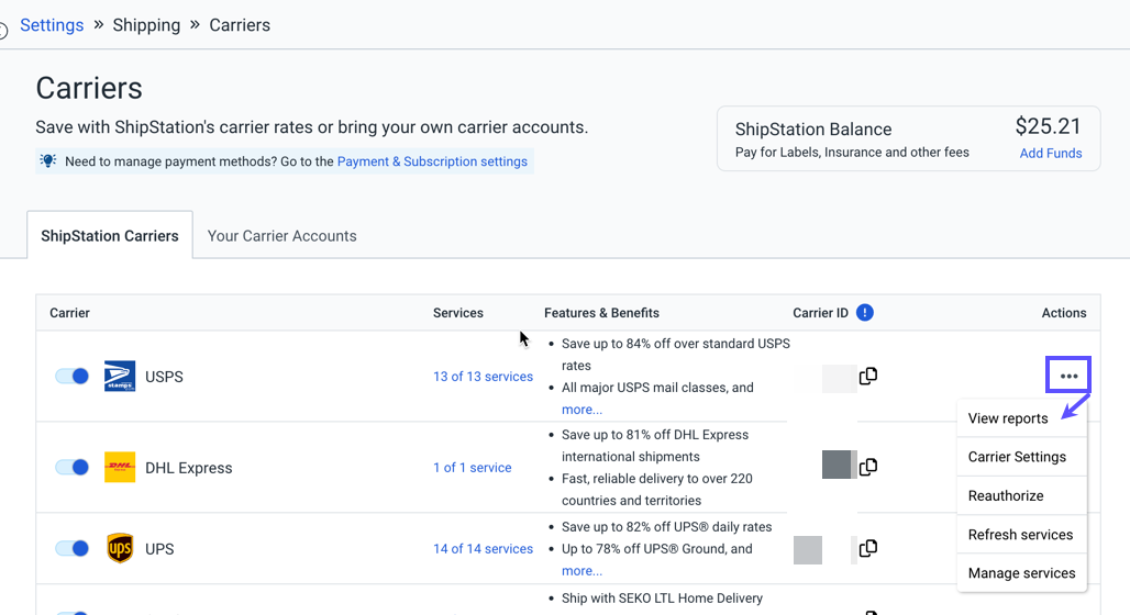 Carriers settings for ShipStation Carriers USPS. Shows the Action menu: View-Reports option