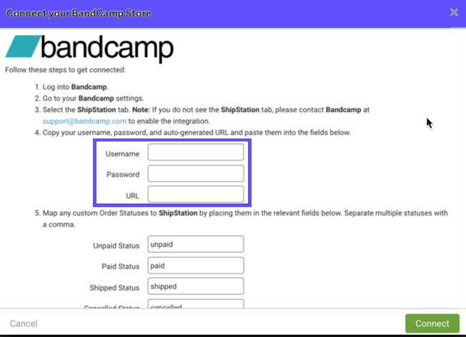 Connect Bandcamp Store pop-up form with credential fields highlighted