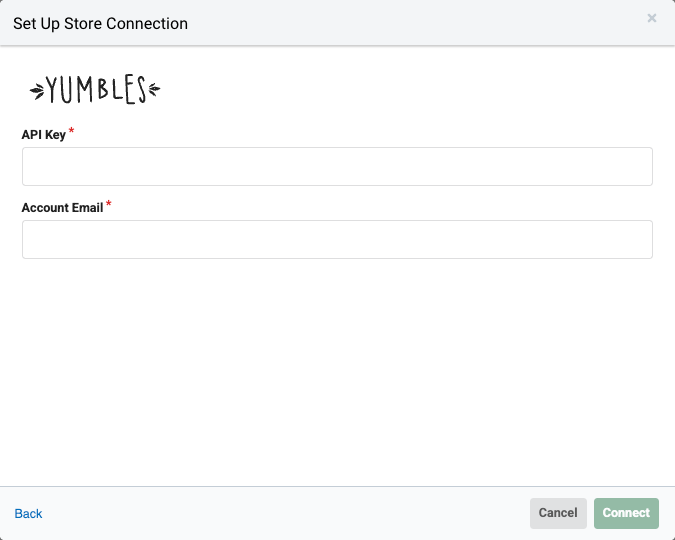 Yumbles connection screen, shows fields for API key, Account Email, and test credentials checkbox