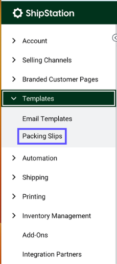 Settings Sidebar: Templates dropdown. Red box highlights Packing Slips option.