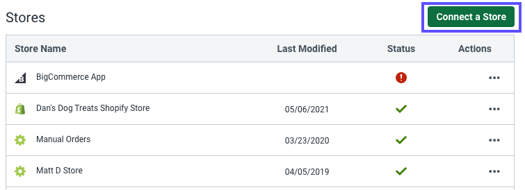 Settings. Store Setup. A box highlights the Connect a Store button.