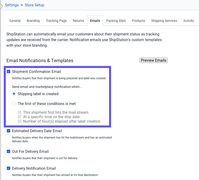 Store Setup: Red boxes highlight Notifications tab & Shipment Confirmation Email: Default Shipping Template selected.