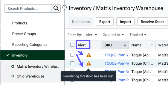 Product Inventory Alerts column highlighted with arrow pointed to Yellow icon.