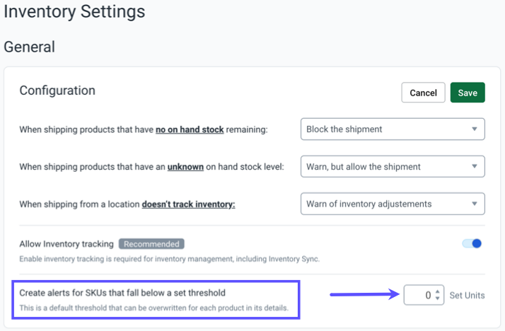 Create Alerts for SKUs that are below a default threshold. Arrow points to Default Threshold count field.
