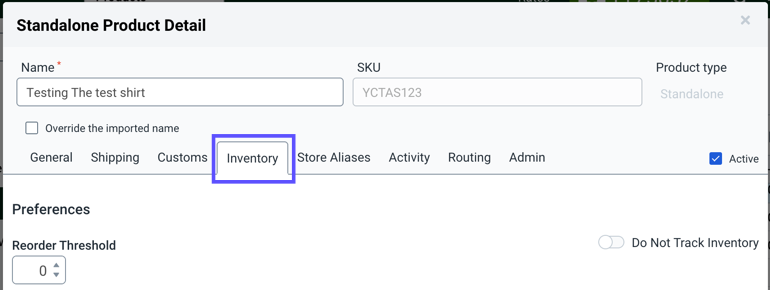 Products. Product Detail pop-up shows the Inventory tab highlighted.