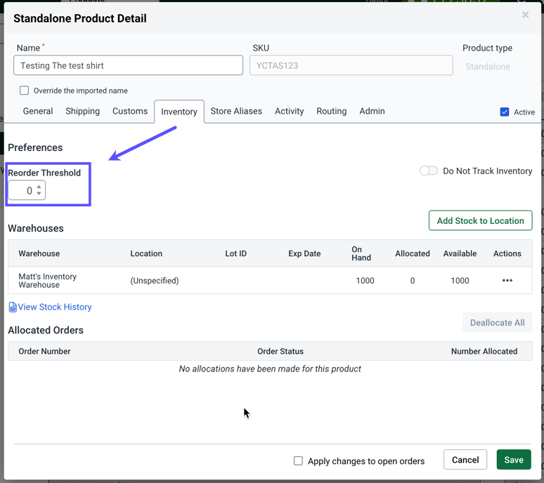 Inventory tab shows Reorder Threshold highlighted.