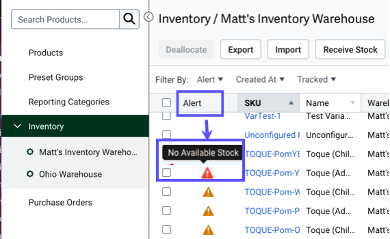 Products grid. Inventory Alerts column. Shows red icon & Hover-over message: No Available Stock