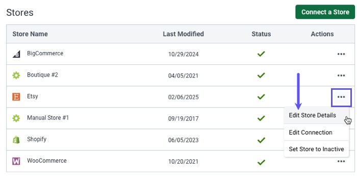 Store Setup page with arrow pointing to the Edit Store Details option in the action menu dropdown.