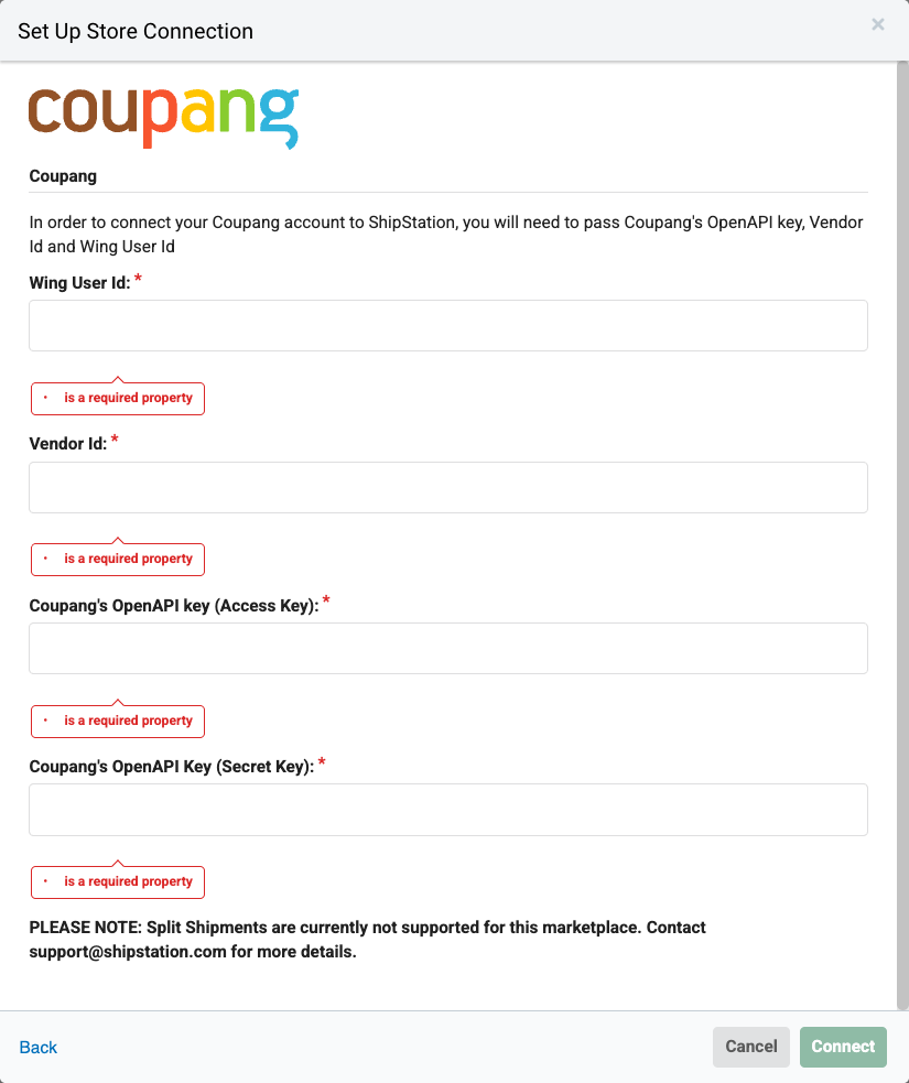 Coupang connection pop-up window open in ShipStation settings