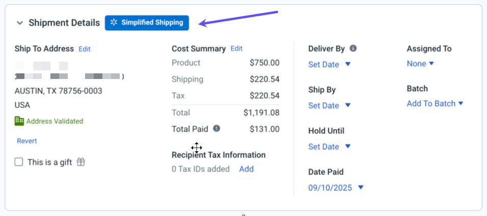 Walmart's Simplified Shipping tag as shown in Shipment Details. ​