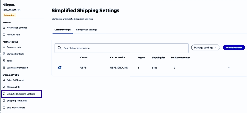 Walmart. Simplified Shipping Shipping enabled. Carrier-Settings tab shown
