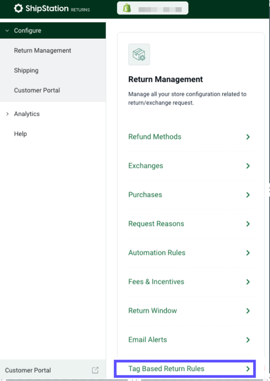 Returns Management. Shows ­Tag-­Based-­Return-­Rules option highlighted