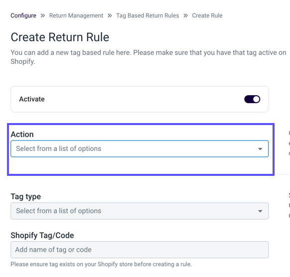 Create Return Rule. Shows Action menu