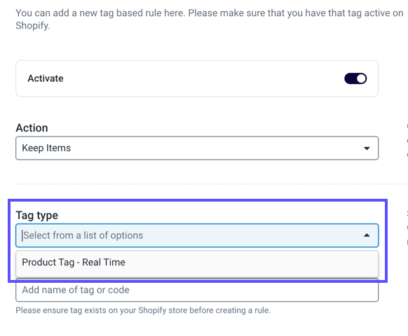 Create Return Rule. Shows Tag-Type menu