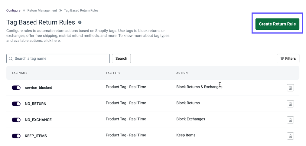 Configure > Return Management > Tag-Based Return Rules > Create Return Rules button shown
