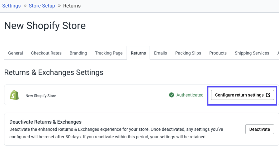 Shopify store Returns tab. Config-­Returns-­Settings button shown