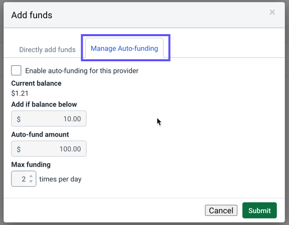 Stamps Add Funds pop-up. Arrow points to the Manage Auto-funding tab