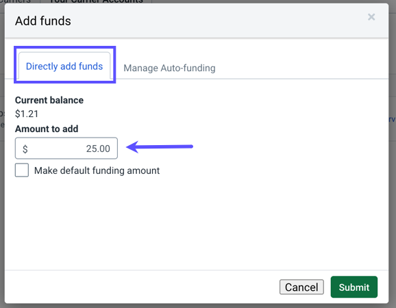 Stamps Add Funds pop-up. Arrow points to the Directly add funds tab