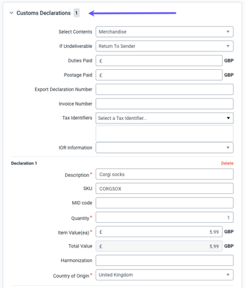 Order details screen with the Customs Declarations section expanded and highlighted.