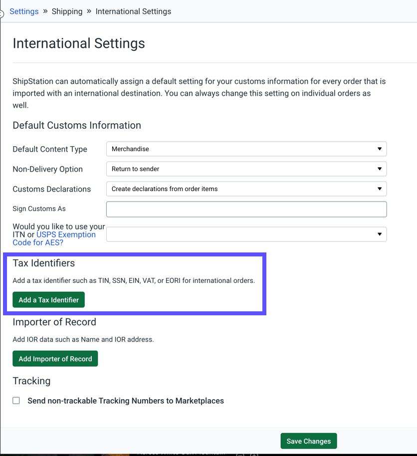 Tax Identifiers section of International settings highlighted with Add a Tax ID button